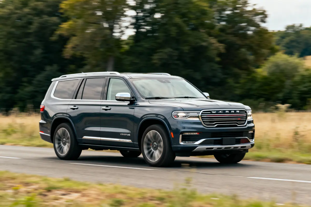 SUV gris roulant sur route de campagne, entouré de verdure, arbres en arrière-plan, journée ensoleillée.