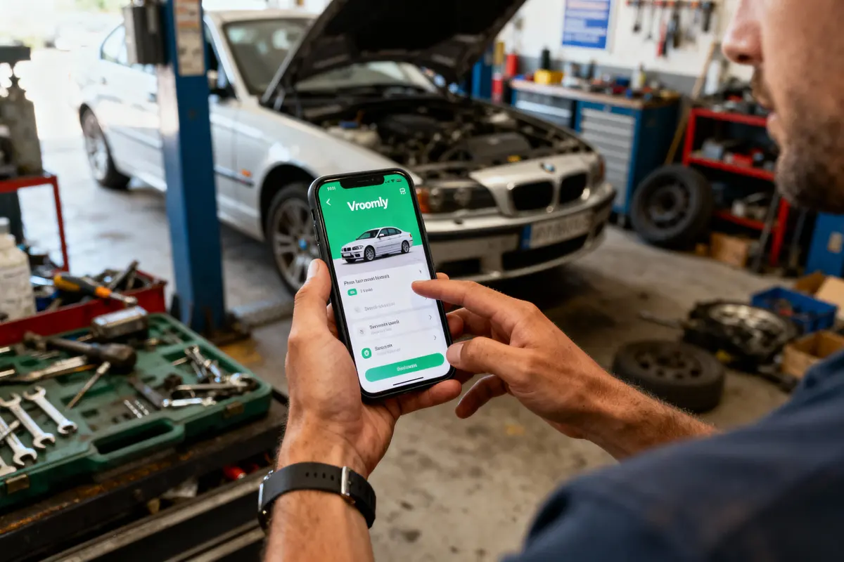 Main tenant un smartphone avec une application de réparation automobile, voiture blanche en réparation en arrière-plan.
