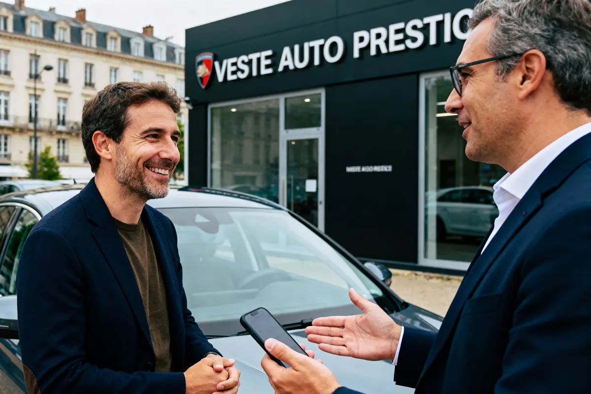 Deux hommes discutant devant une concession automobile Veste Auto Prestige, souriant, un tenant un téléphone.