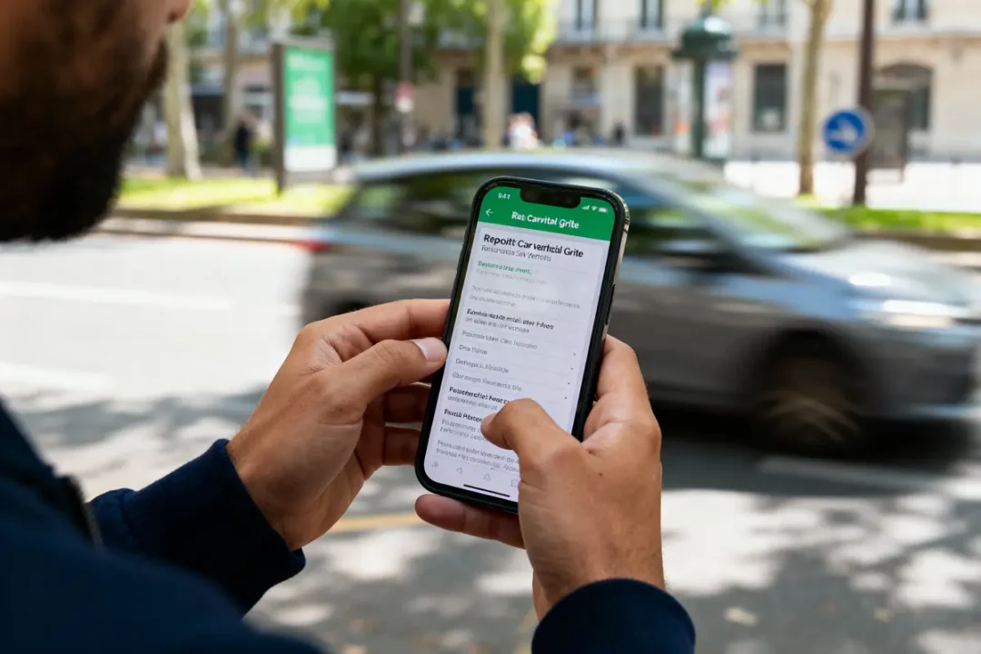 Un homme utilise un smartphone dans la rue, avec une voiture en mouvement en arrière-plan.