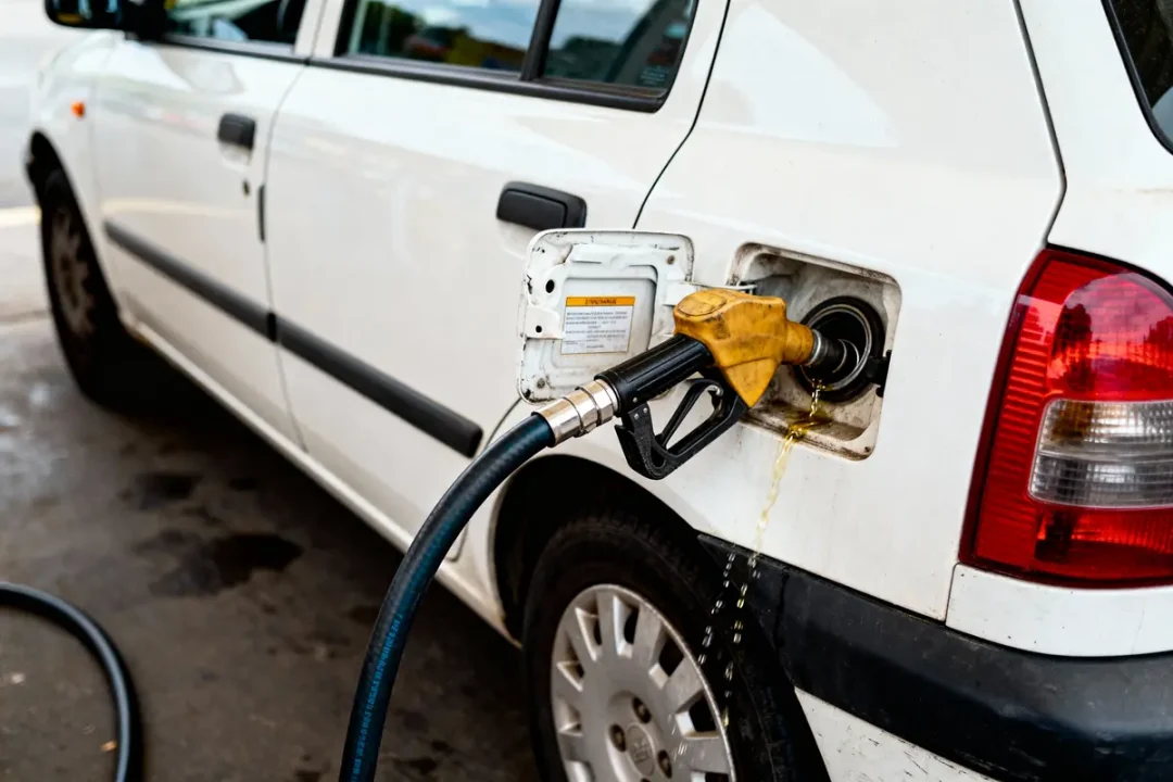 Voiture blanche faisant le plein d'essence avec une pompe jaune, carburant renversé au sol.