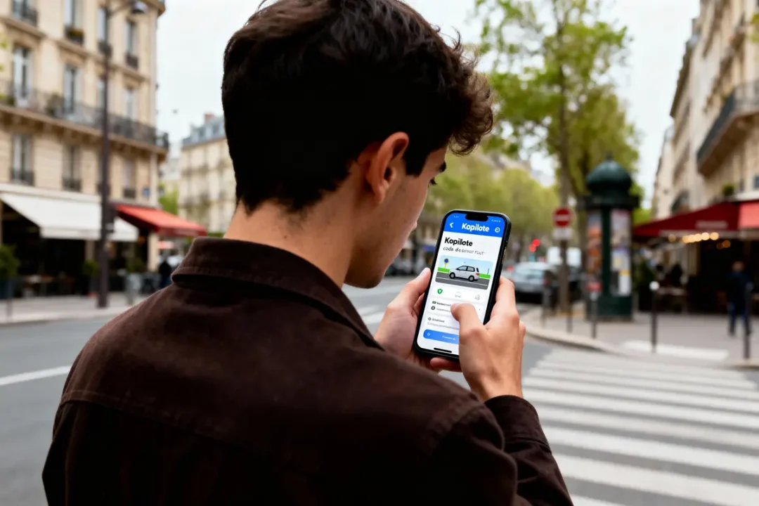 Un homme utilisant une application "Kopilote" sur smartphone dans une rue urbaine avec des bâtiments.
