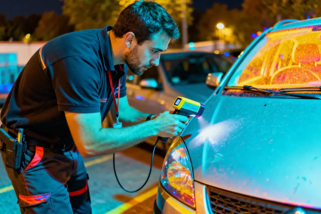 Homme utilisant une lumière spéciale pour inspecter une voiture dans un parking de nuit.