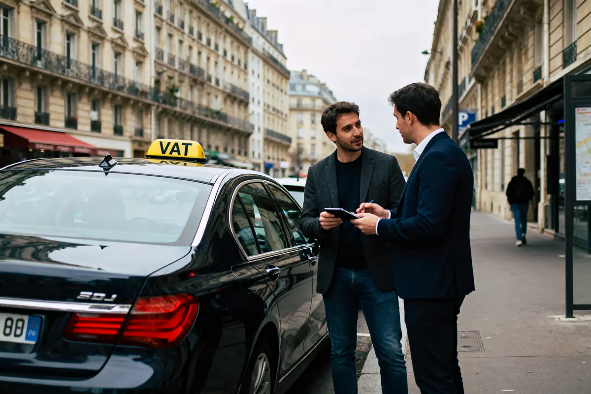 Deux hommes discutent près d'un taxi noir en ville, tenant un bloc-notes et un stylo.