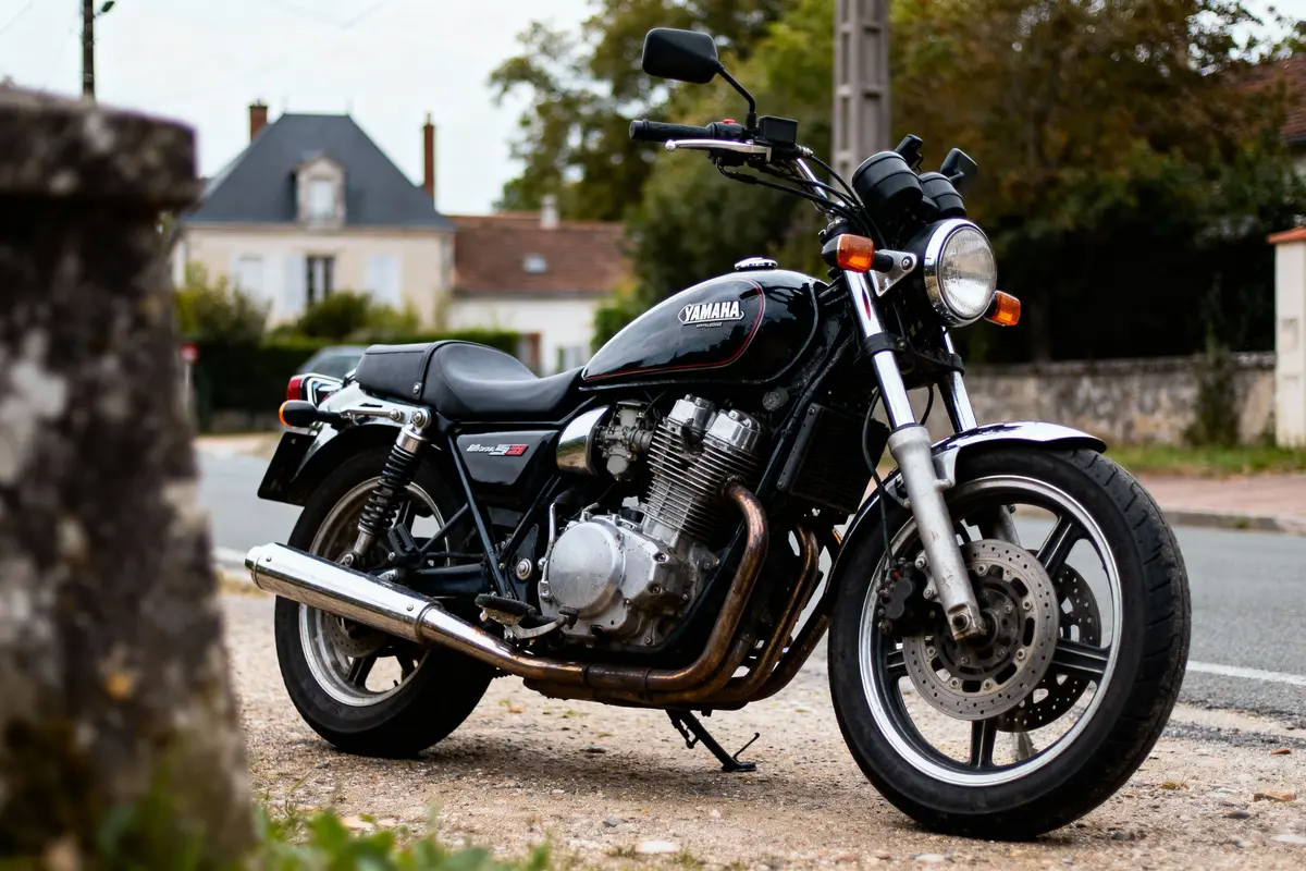 Moto Yamaha noire, garée en bord de route, maison floue en arrière-plan, arbres et ciel nuageux.
