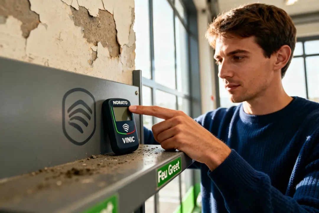 Un homme inspecte un dispositif électronique sur un mur abîmé, pointant l'écran avec son doigt.