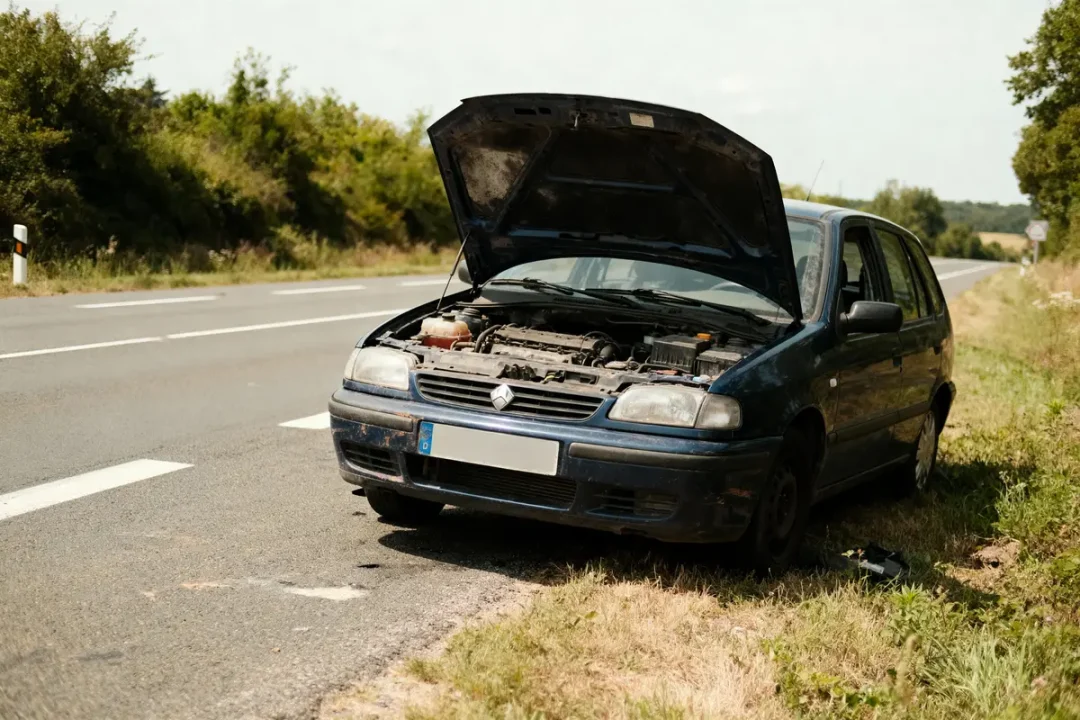 Voiture en panne sur le bord de la route, capot ouvert, moteur visible, jour ensoleillé, campagne environnante.