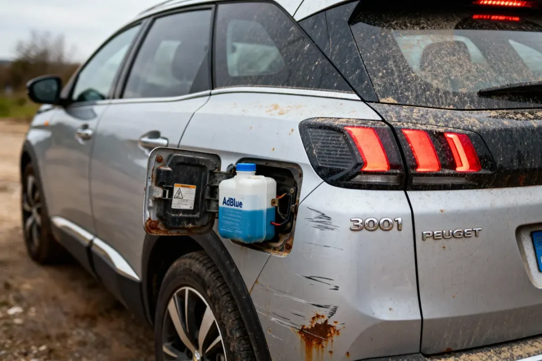 SUV Peugeot 3001 gris, portière ouverte avec réservoir AdBlue visible, saleté et rayures sur la carrosserie.