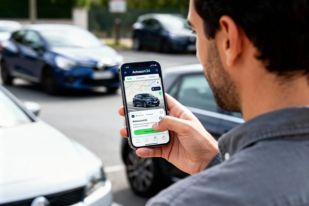 Un homme utilise une application de location de voitures sur son smartphone devant un parking.