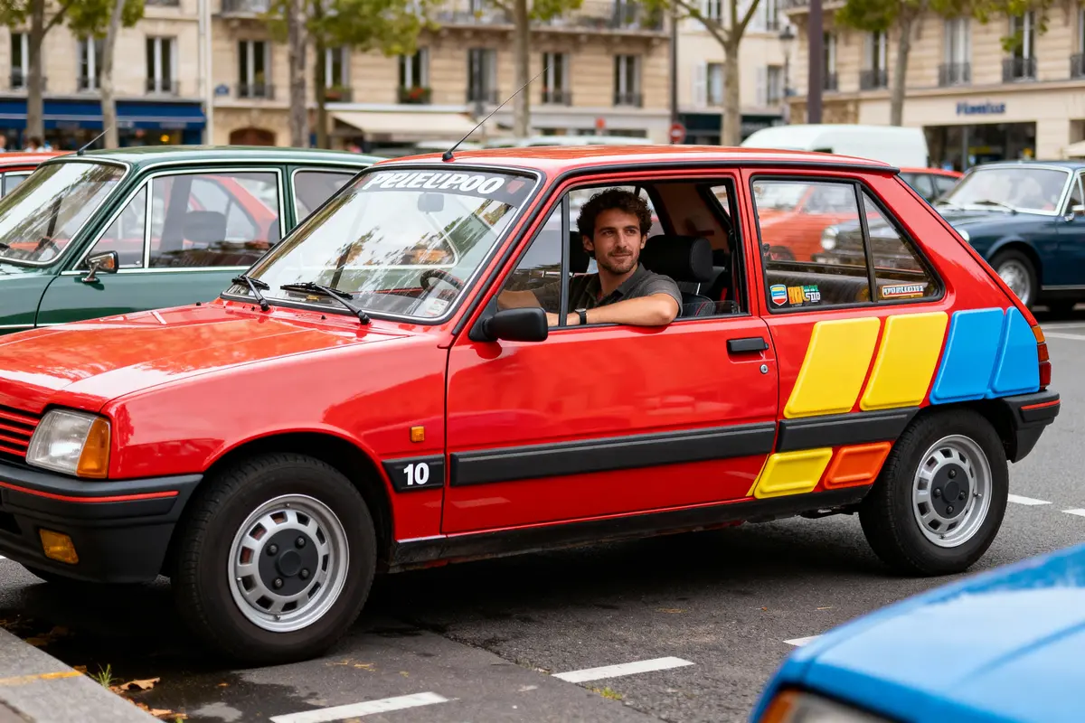 Voiture rouge vintage avec motifs colorés, homme au volant, voitures anciennes en arrière-plan, rue urbaine.