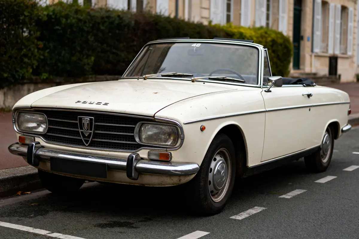 Voiture décapotable blanche vintage garée dans une rue résidentielle, devant un bâtiment avec volets.
