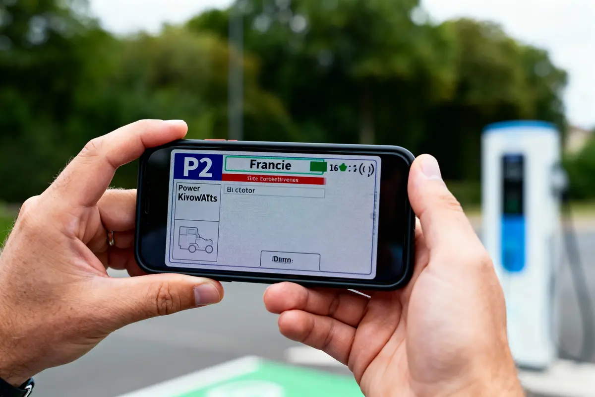 Homme tenant un smartphone montrant une application de recharge de véhicule électrique, borne en arrière-plan flou.
