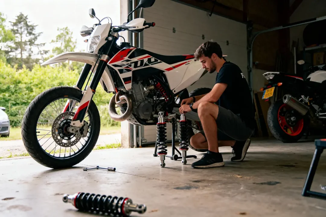 Un homme répare une moto blanche dans un garage, entouré d'amortisseurs et d'outils au sol.