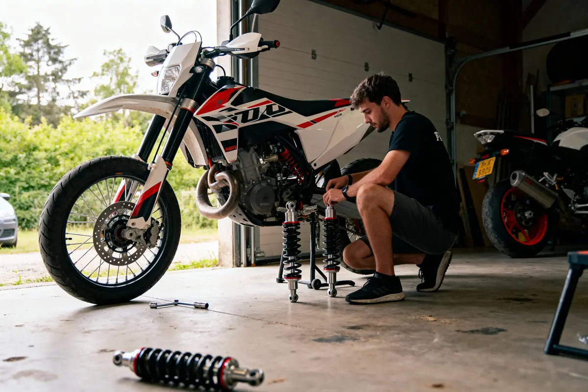 Un homme répare une moto blanche dans un garage, entouré d'amortisseurs et d'outils au sol.