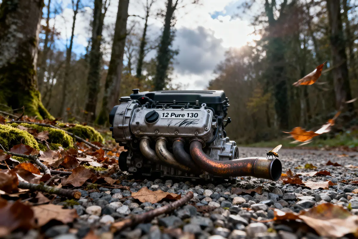 Moteur métallique posé sur un chemin forestier couvert de feuilles mortes, insecte posé sur un tuyau.