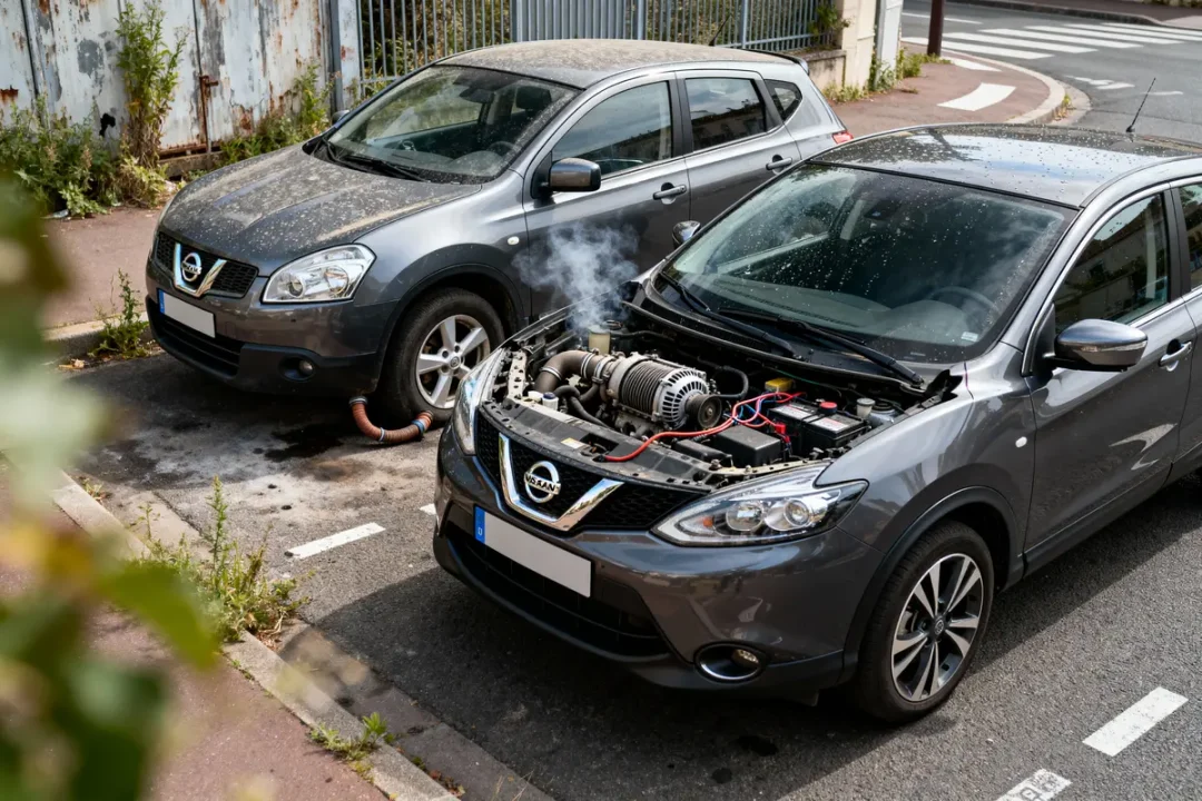 Deux voitures grises garées, une avec moteur visible, fumant, câblage apparent, dans une rue urbaine.