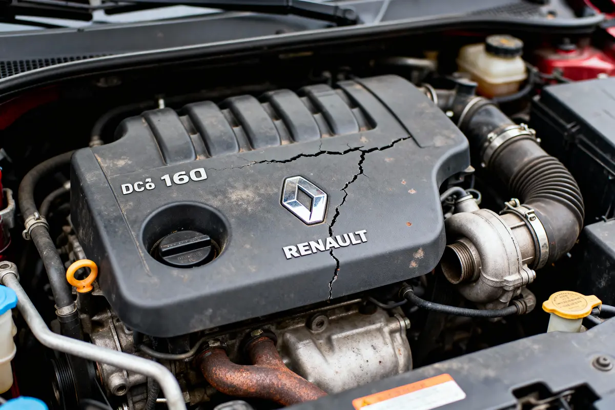 Capot moteur Renault DCi 160 fissuré, composants visibles, voiture en réparation.
