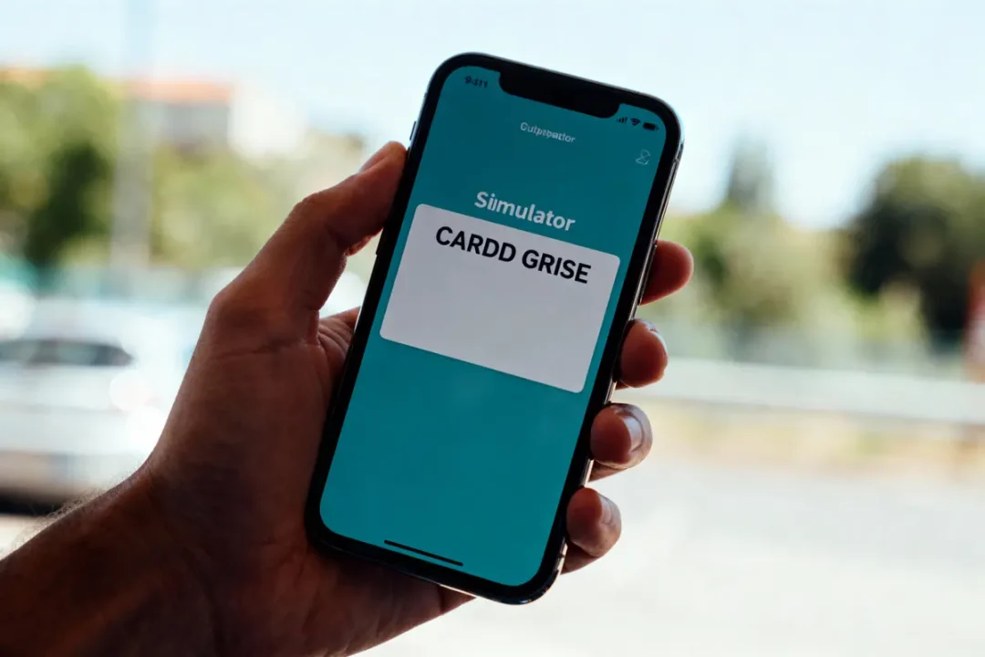 Main tenant un smartphone affichant "Simulateur CARDD GRISE", fond flou extérieur.