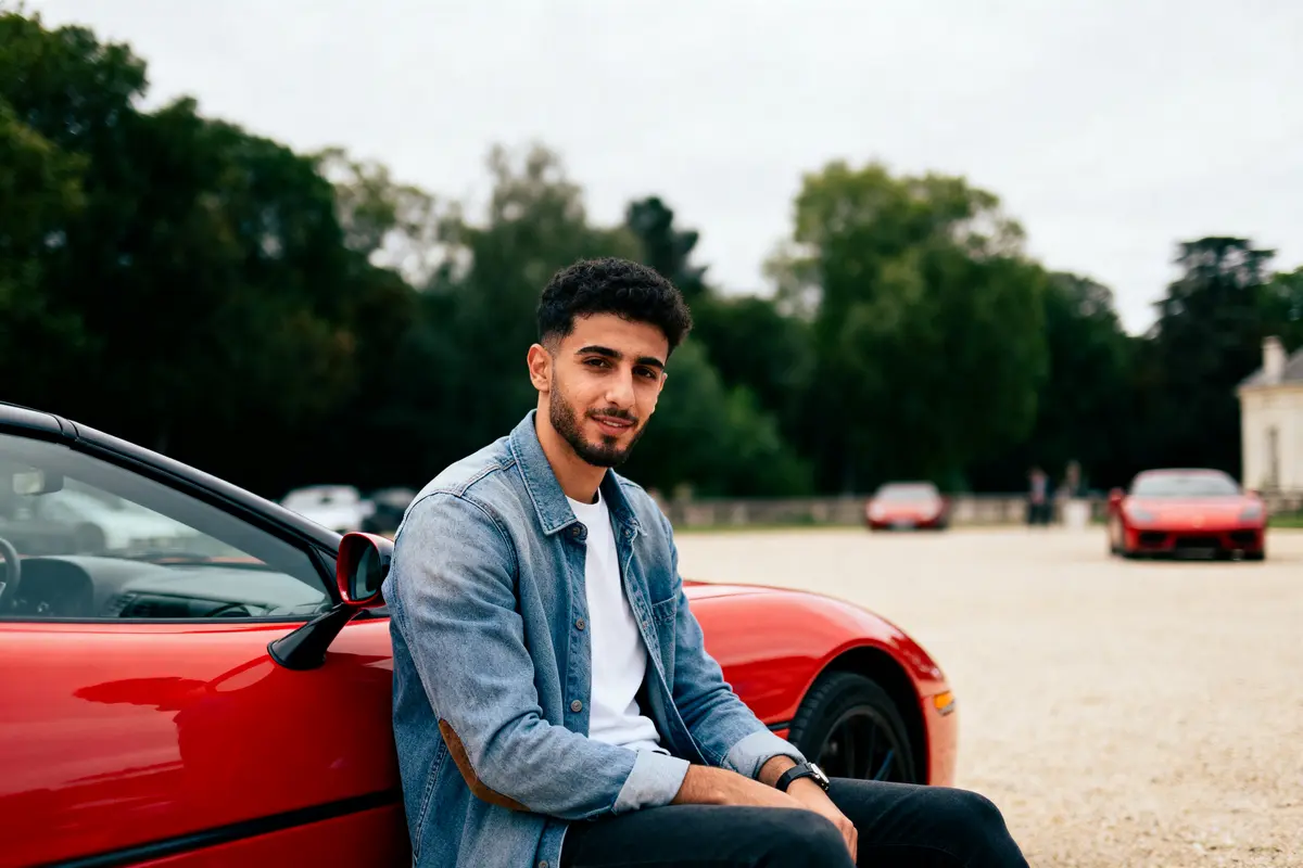 Homme assis contre une voiture rouge, fond de voitures et arbres flous. Tenue décontractée, extérieur.