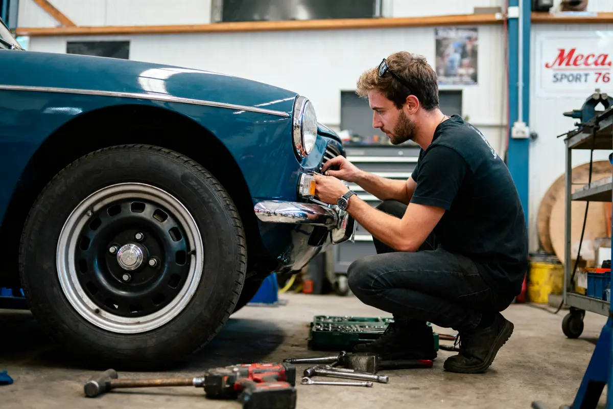 Mécanicien répare une voiture bleue dans un garage avec des outils au sol, concentré sur le travail.