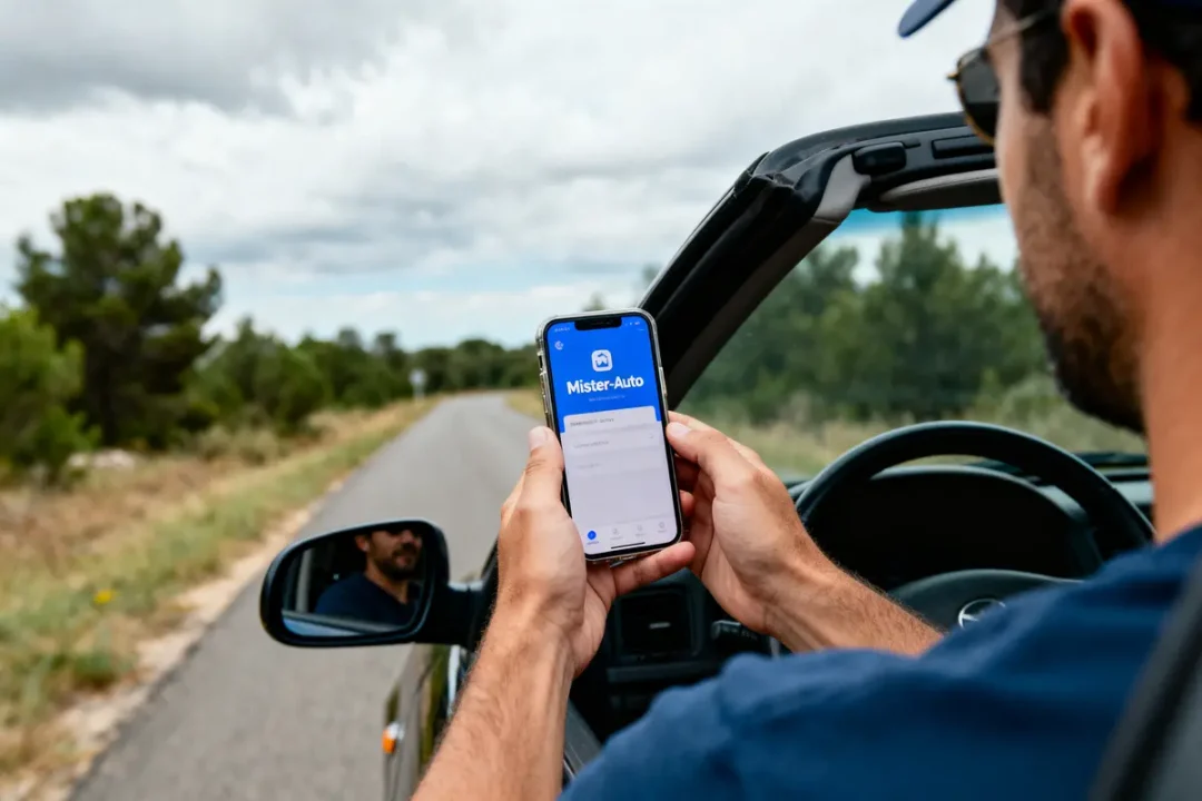 Homme dans voiture décapotable utilisant l'application "Mister Auto" sur son smartphone, route de campagne en arrière-plan.