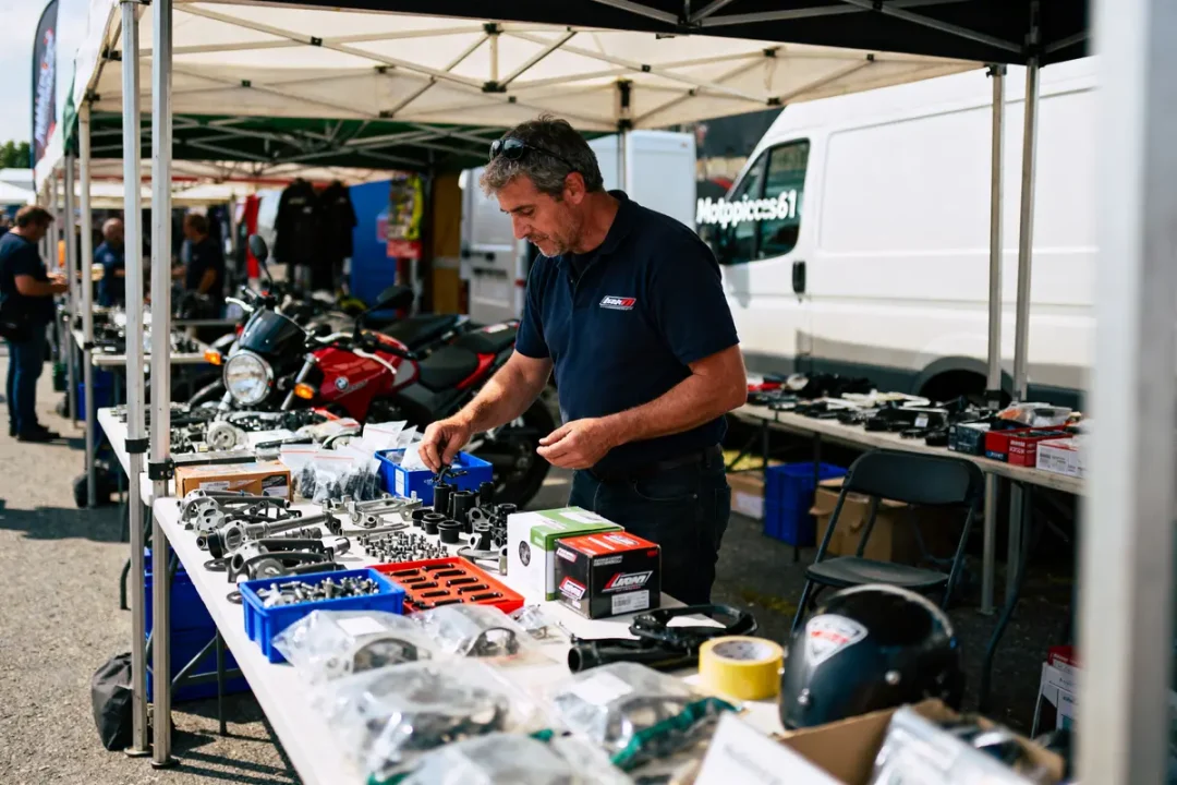 Homme triant des pièces de moto sous un stand, avec motos et camionnette en arrière-plan.