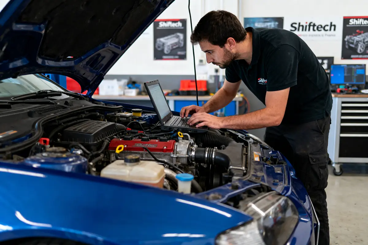 Mécanicien utilisant un ordinateur portable pour diagnostiquer une voiture bleue avec capot ouvert dans un garage.