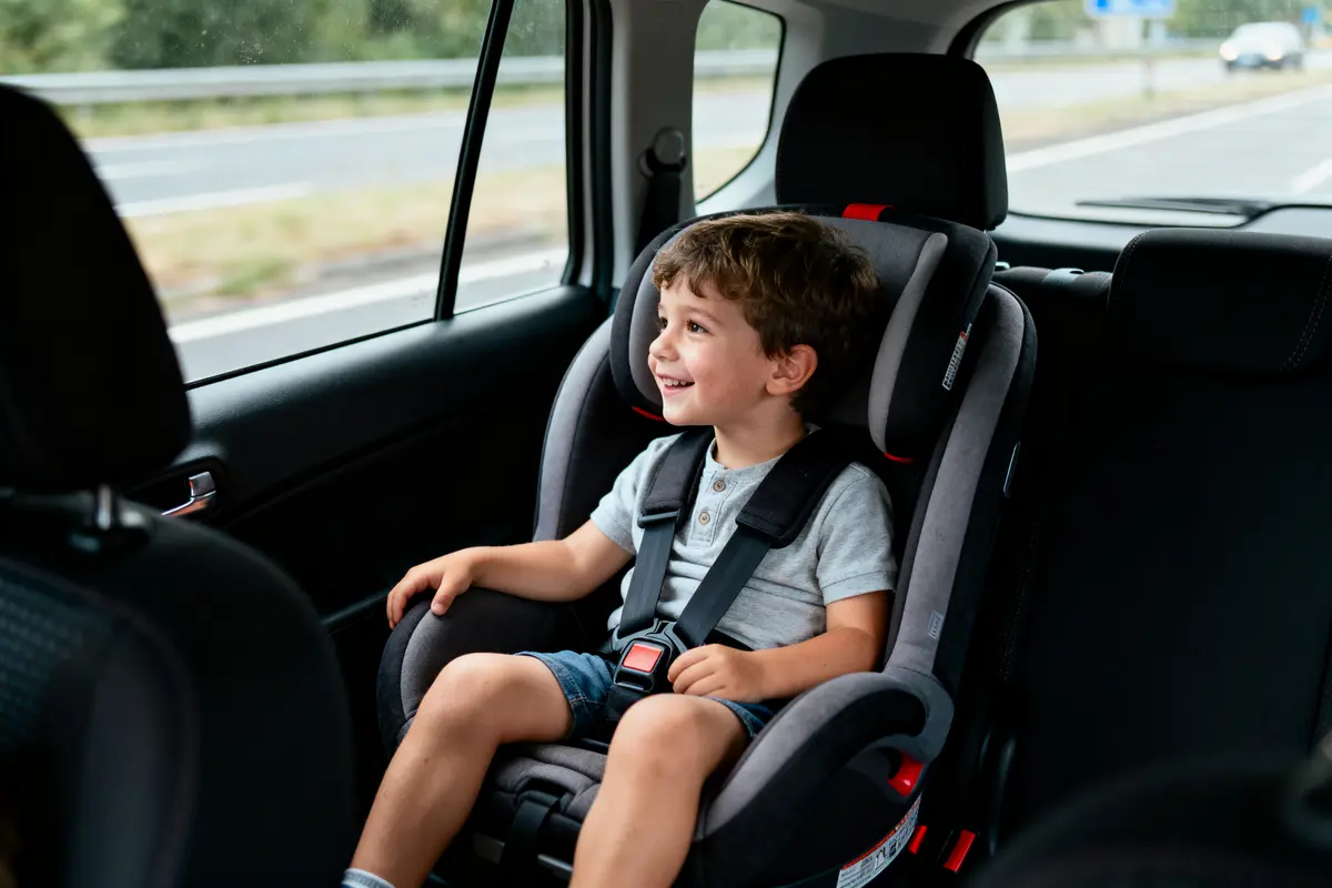 Enfant souriant assis dans un siège auto, voiture en mouvement sur route.