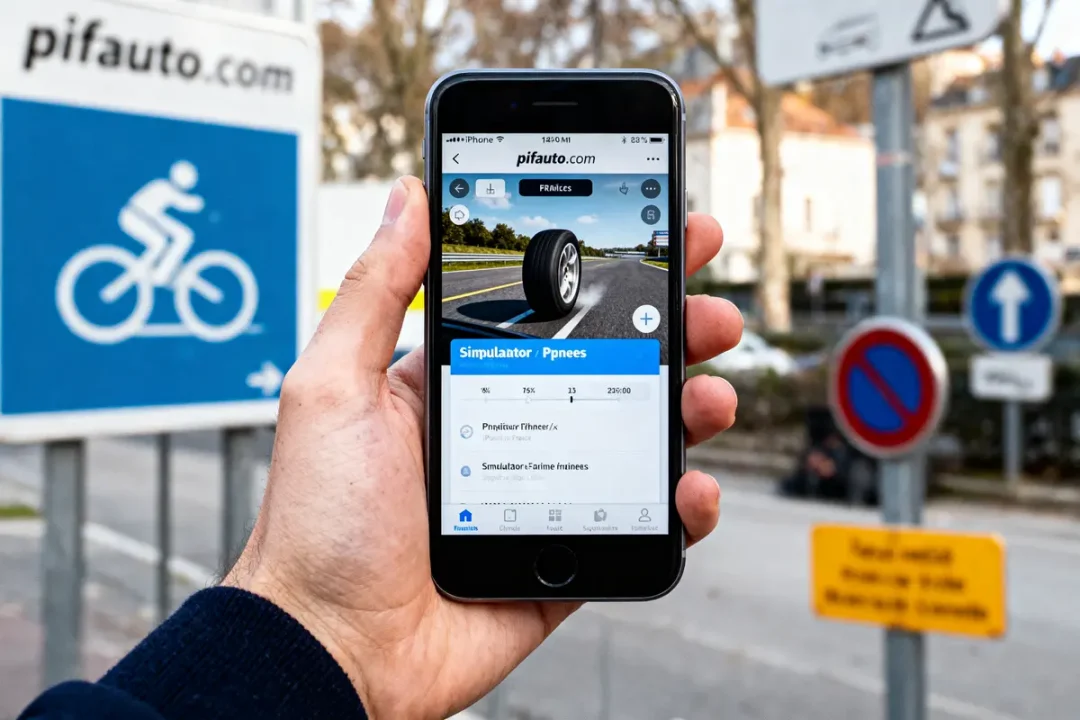 Main tenant un smartphone, appli de simulation de pneus, panneaux routiers en arrière-plan.