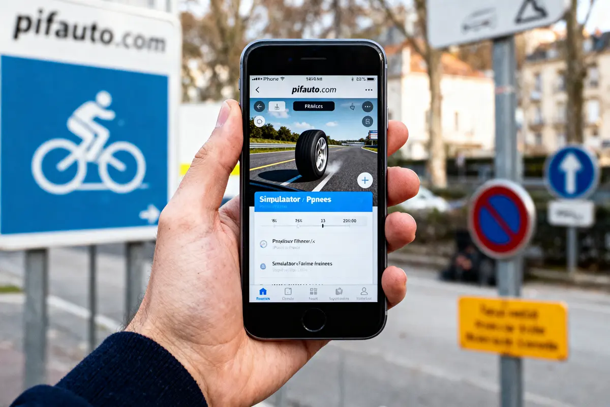 Main tenant un smartphone, appli de simulation de pneus, panneaux routiers en arrière-plan.