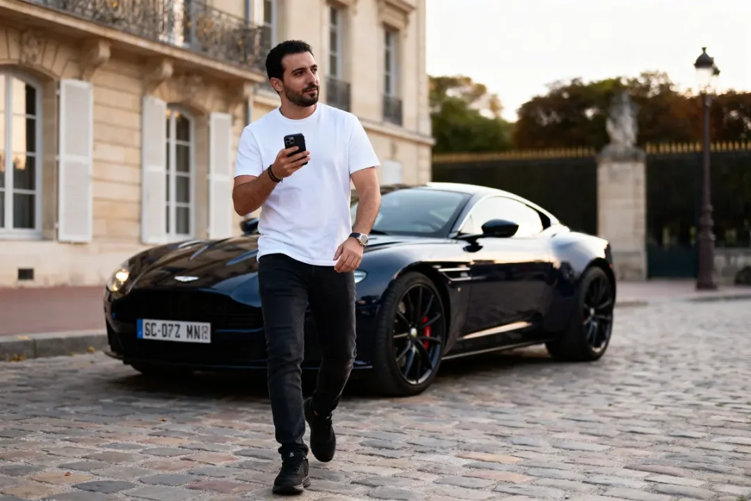 Homme marchant devant une voiture noire de luxe sur une rue pavée, tenant un smartphone.