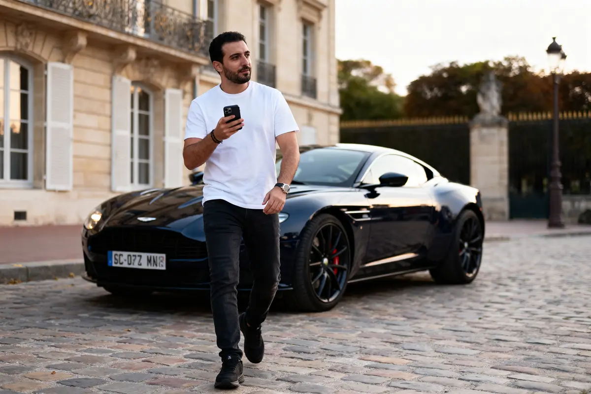 Homme marchant devant une voiture noire de luxe sur une rue pavée, tenant un smartphone.