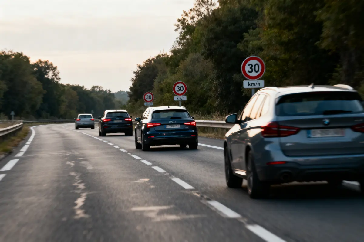 Voitures sur une route avec panneaux de limitation de vitesse à 30 km/h, bordée d'arbres.