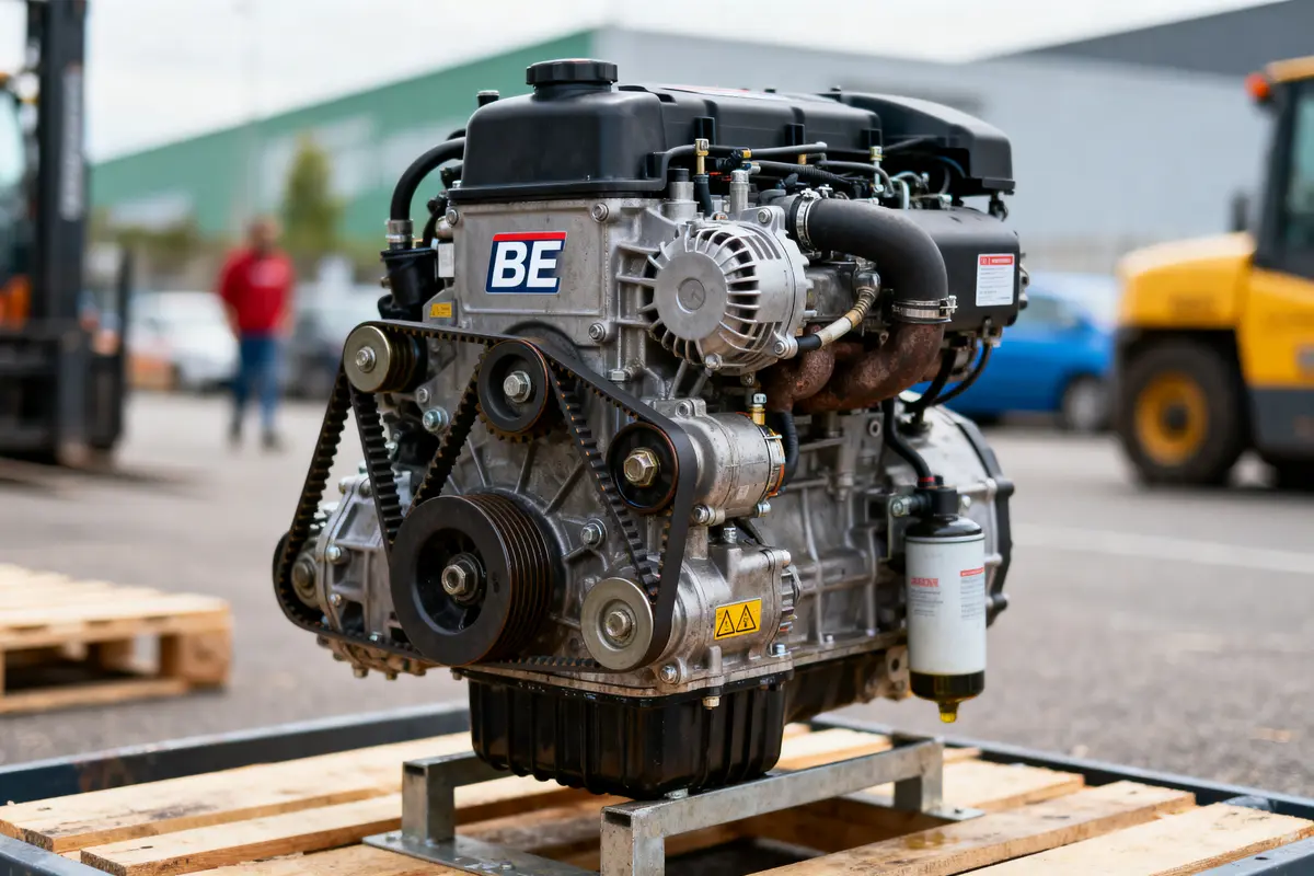 Moteur à combustion posé sur palette en extérieur, avec logo "BE". Fond industriel avec véhicules flous.