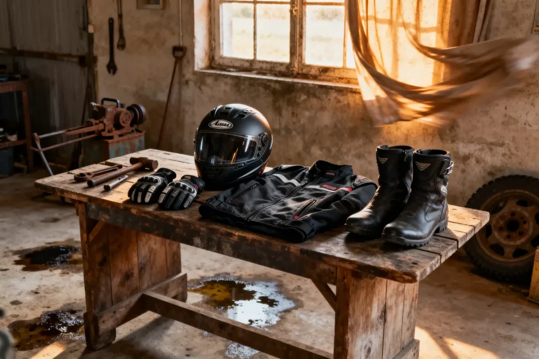 Casque, veste, gants, bottes moto posés sur une table en bois dans un atelier ensoleillé.