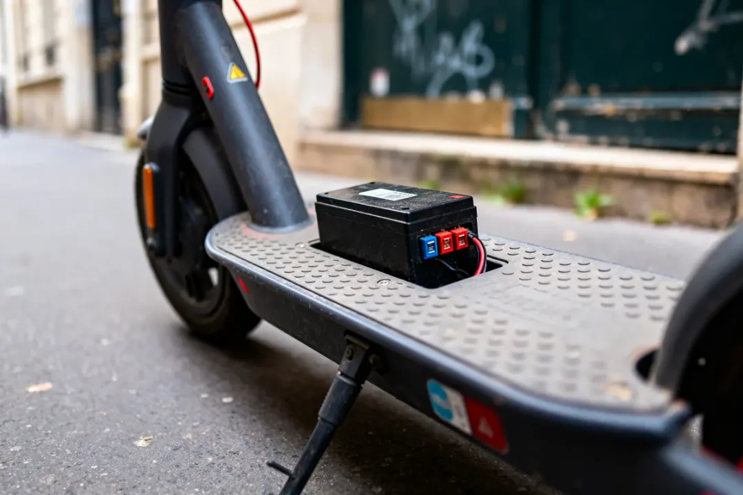 Trottinette électrique avec batterie externe sur trottoir, câblage visible, mur et graffiti en arrière-plan flou.