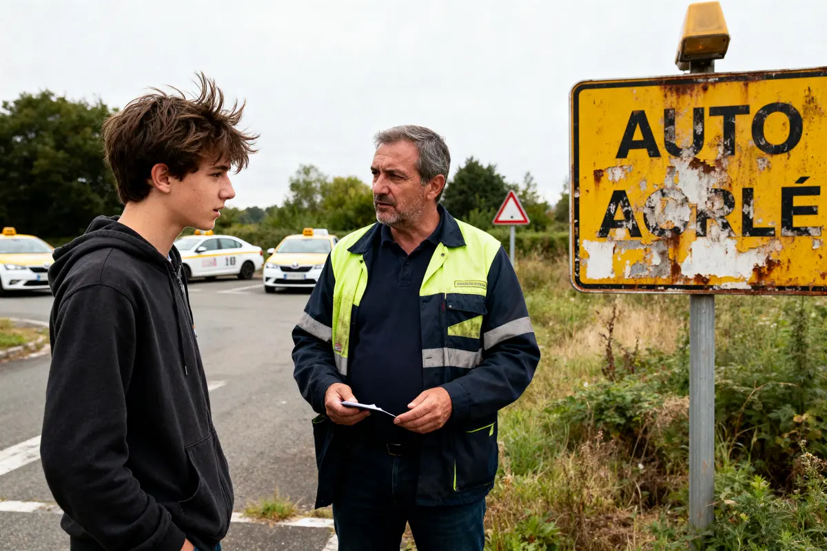 Un instructeur discute avec un jeune près de voitures d'auto-école et un panneau usé, extérieur.