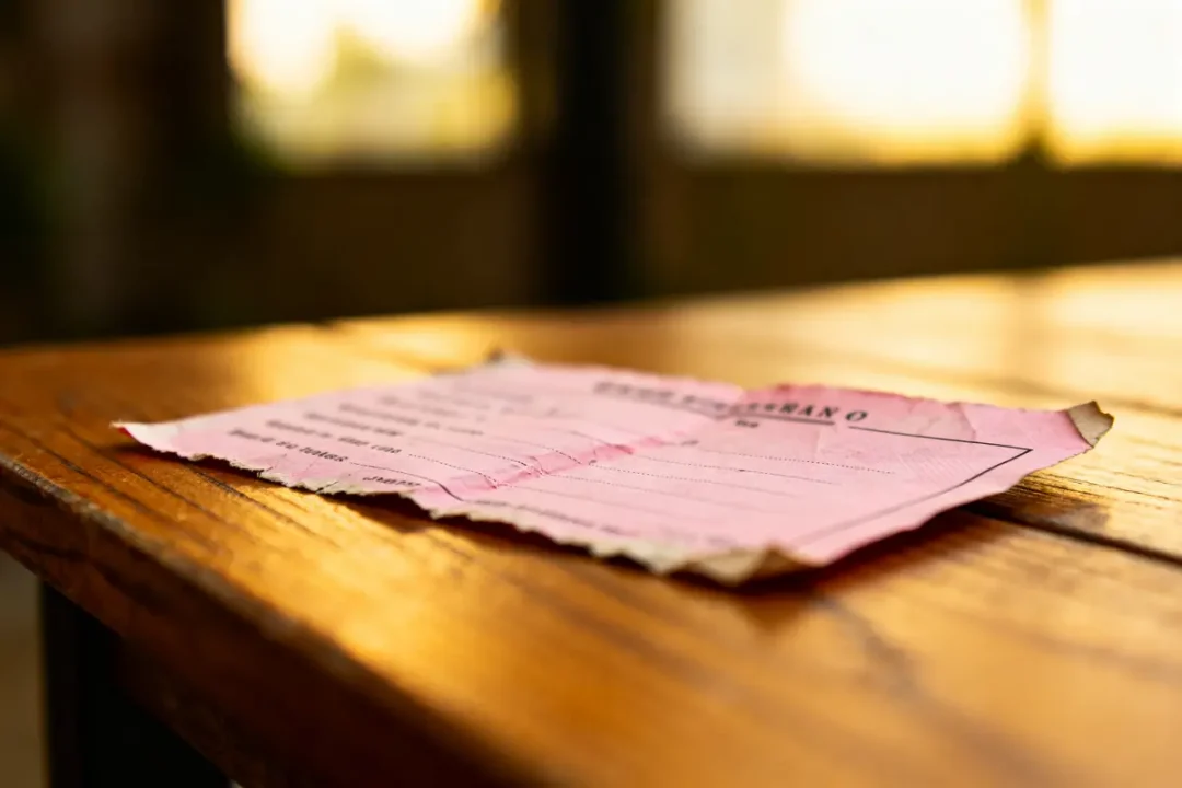 Un ticket rose froissé est posé sur une table en bois, en lumière naturelle.