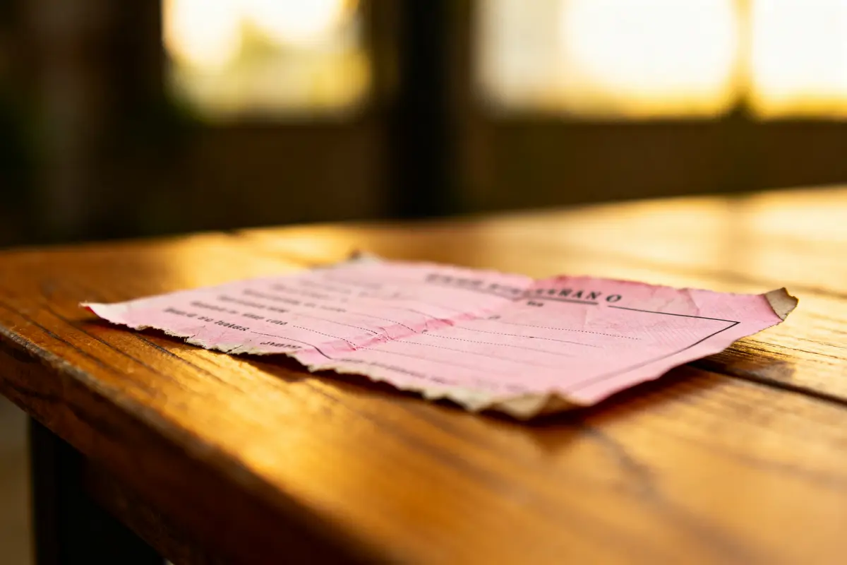 Un ticket rose froissé est posé sur une table en bois, en lumière naturelle.