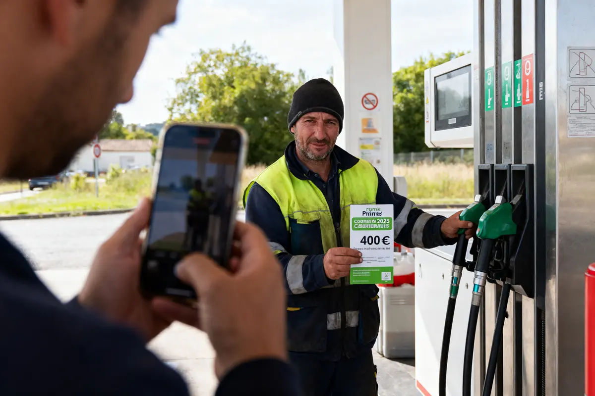 Homme tenant prospectus de prime carburant 400 €, photographié à côté d'une pompe à essence.