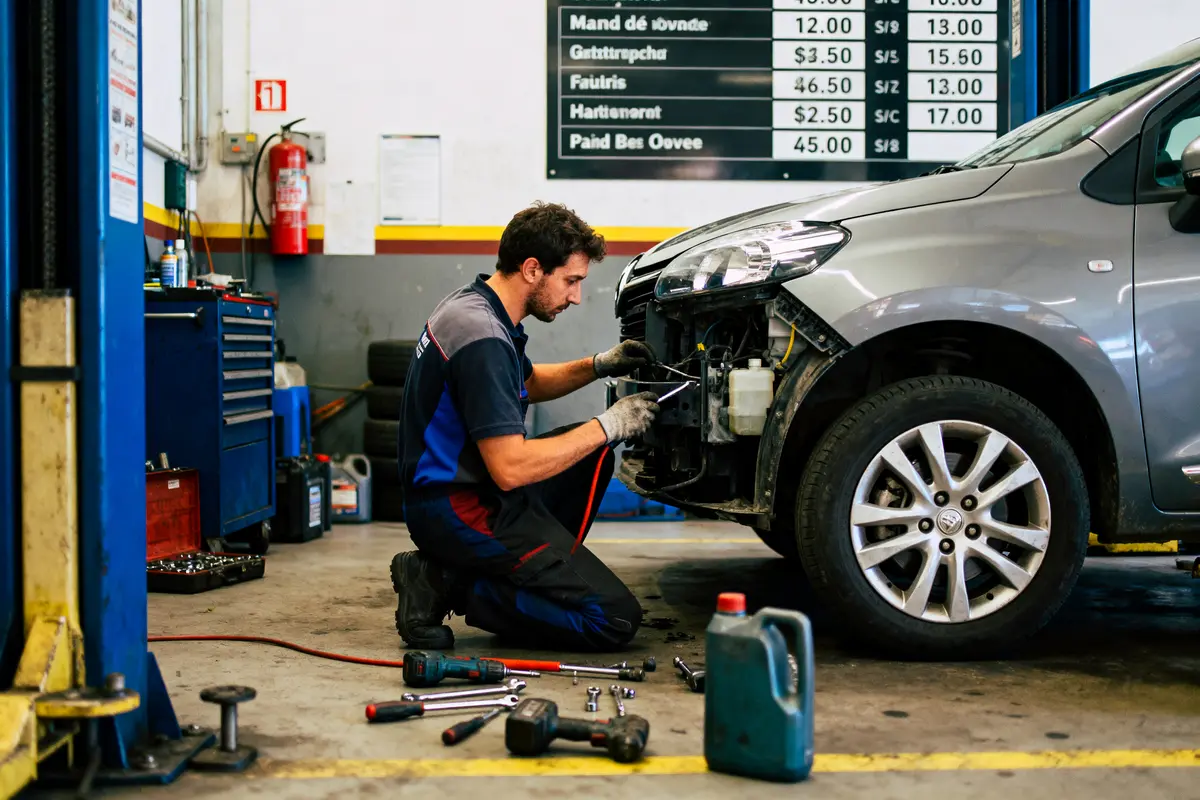 Mécanicien réparant une voiture dans un atelier, entouré d'outils. Panneau de prix en arrière-plan.
