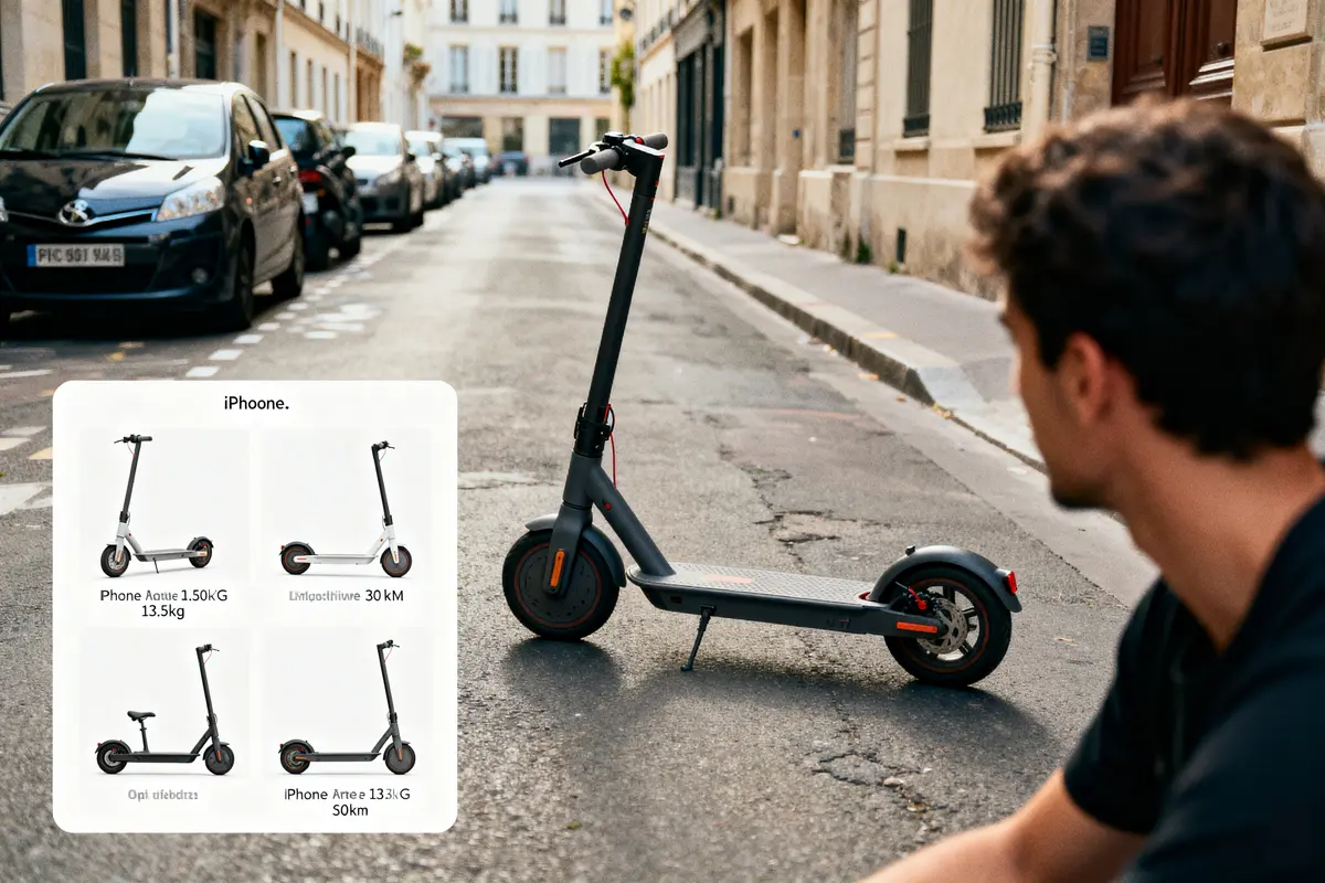 Homme observant une trottinette électrique garée sur une rue citadine. Incrustation avec plusieurs modèles de trottinettes.