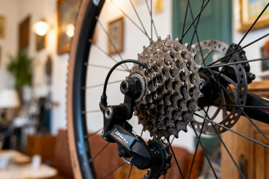 Roue de vélo avec dérailleur et cassette en gros plan, intérieur flou en arrière-plan.