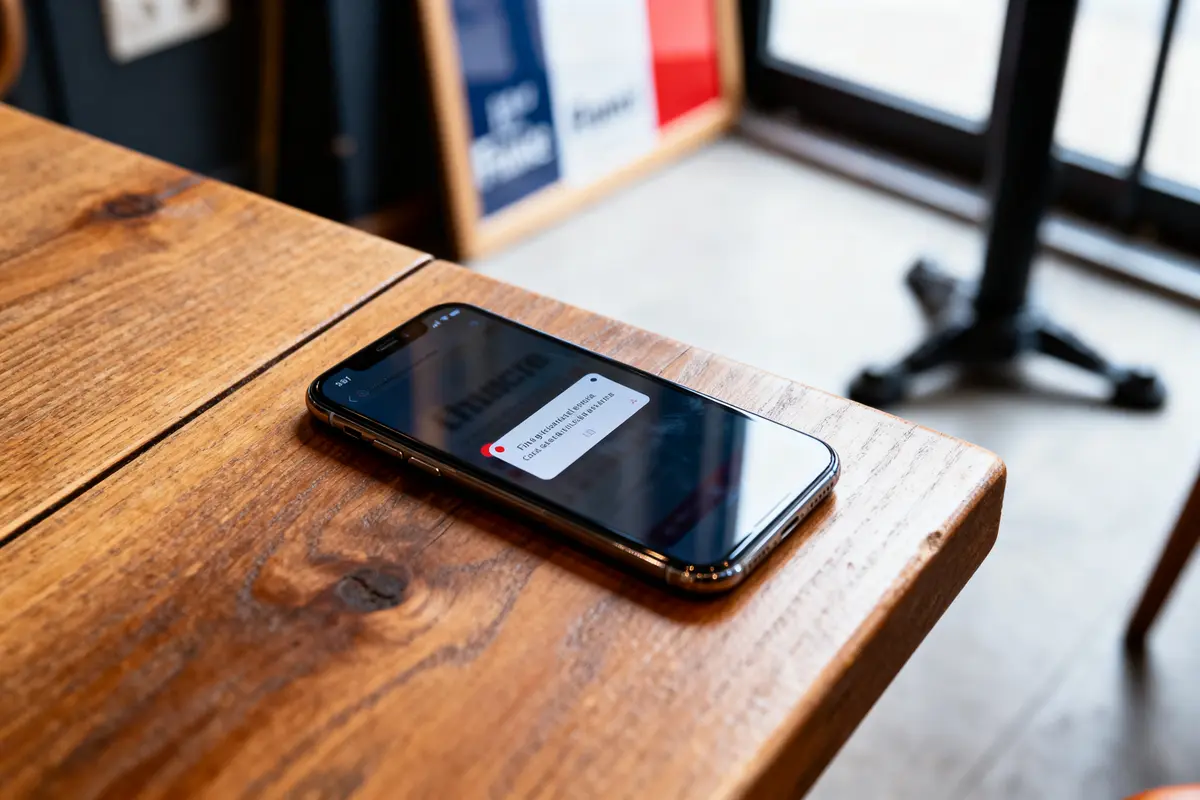 Smartphone sur table en bois, affichant notification de message. Intérieur avec lumière naturelle et affiches floues.
