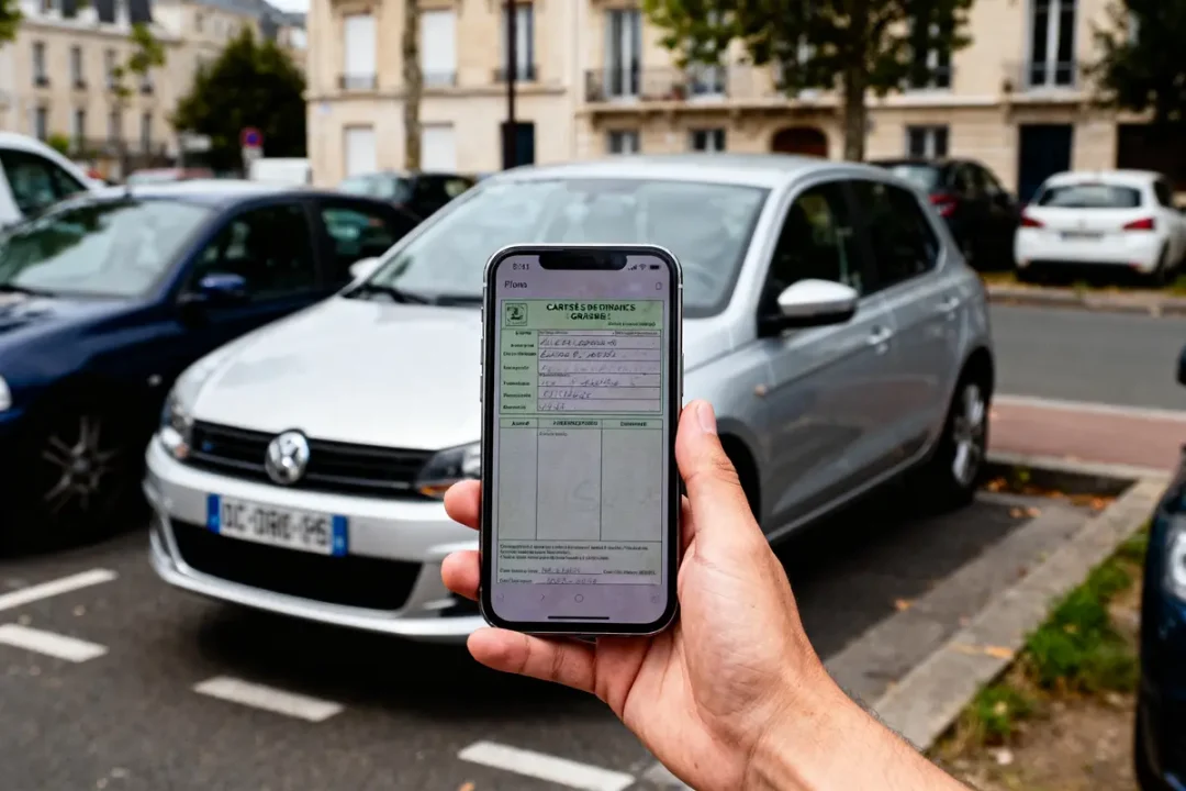 Un smartphone affichant une carte verte d'assurance devant une voiture garée dans la rue.