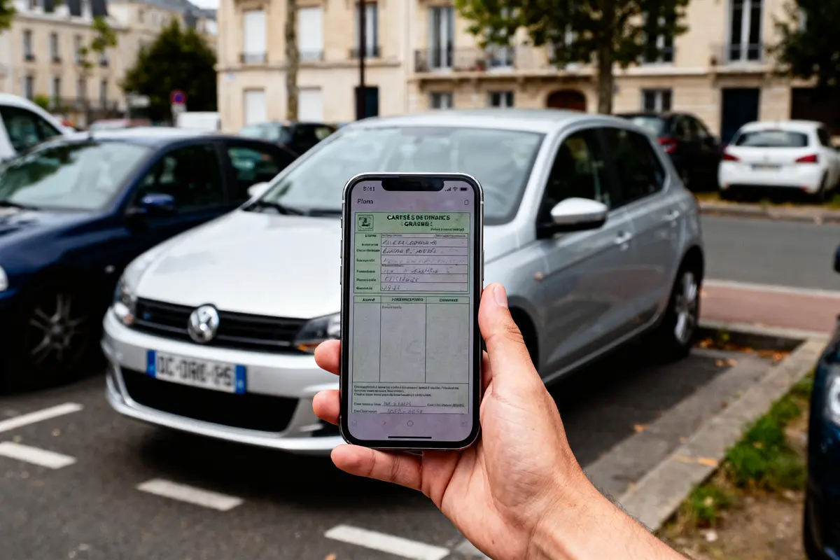 Un smartphone affichant une carte verte d'assurance devant une voiture garée dans la rue.