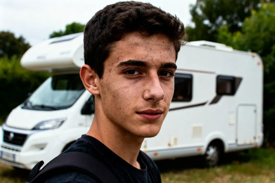 Jeune homme devant un camping-car blanc, portant un sac à dos, avec un arrière-plan verdoyant.