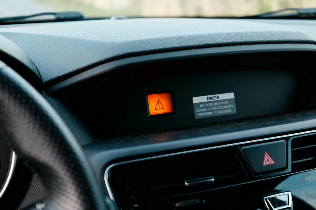 Tableau de bord de voiture, voyant de problème allumé en orange, marque Dacia visible.