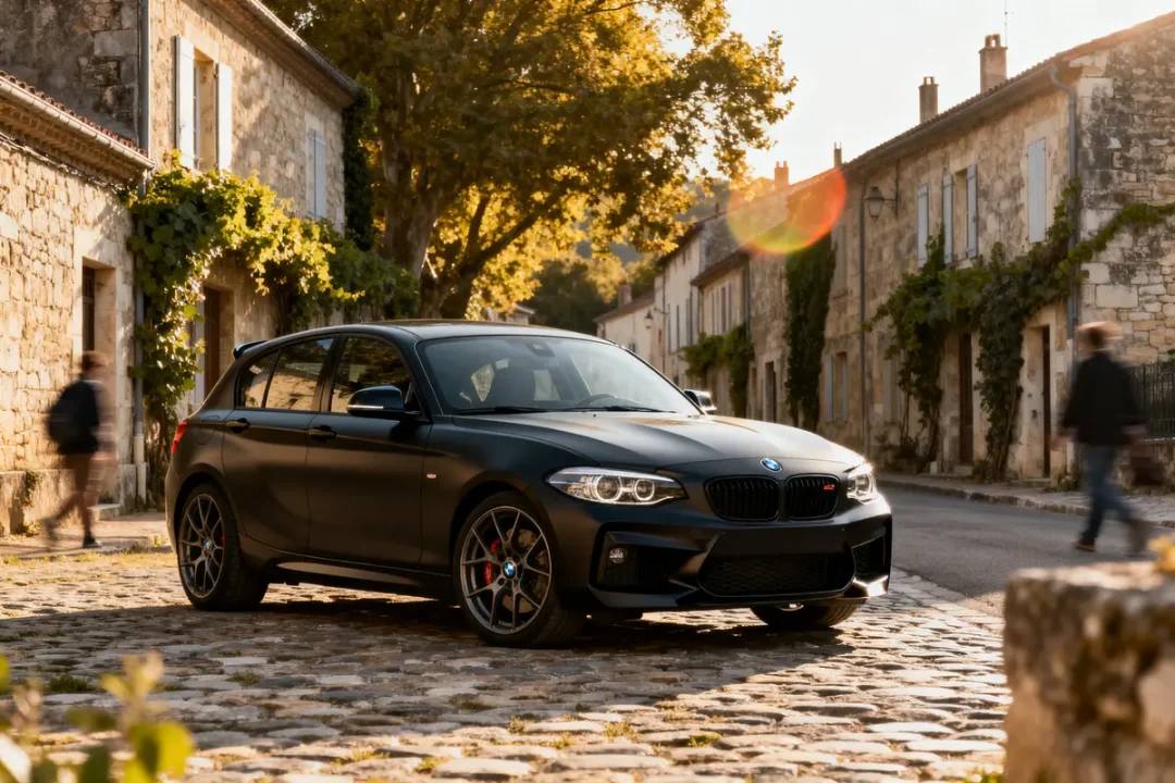 Voiture noire sur une rue pavée, bordée de maisons en pierre et arbres, avec lumière du soleil.