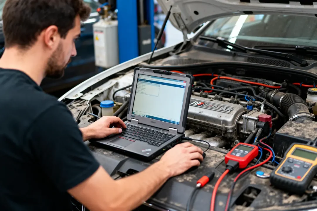 Mécanicien diagnostic voiture avec ordinateur portable, capot ouvert; outils et câbles visibles, garage en arrière-plan.